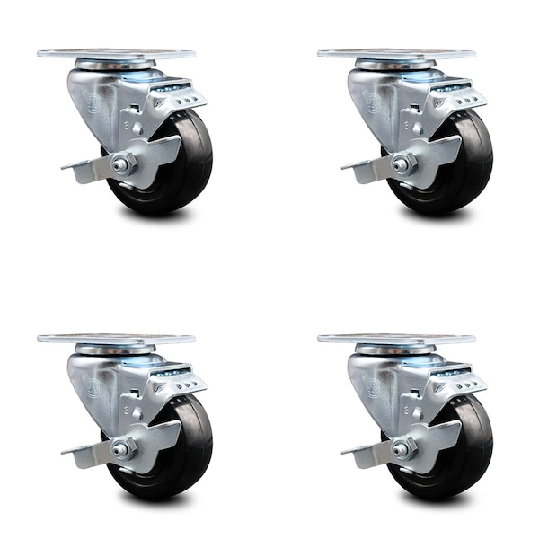 3.5 Inch Hard Rubber Wheel Swivel Top Plate Caster Set with Brake